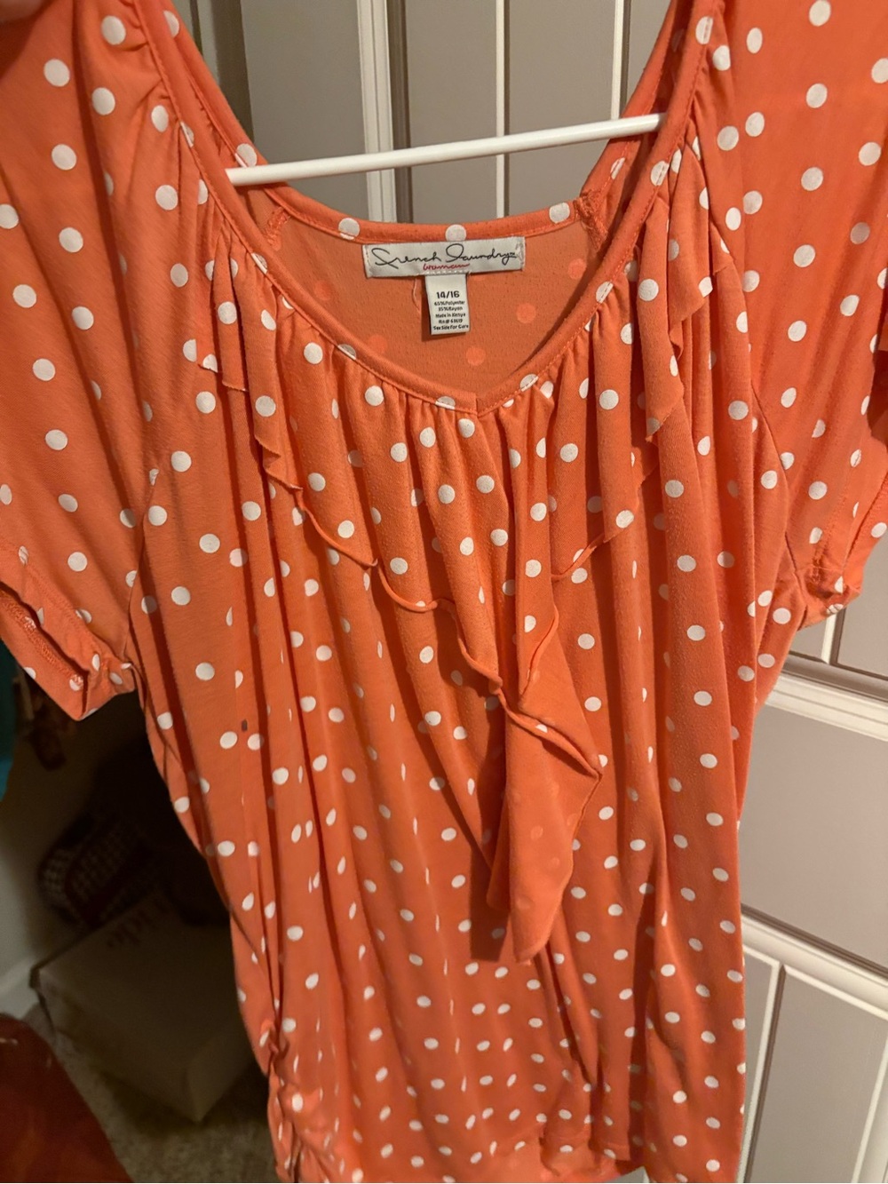 French Laundry Orange Polka Dot Ruffle Short Sleeve Top